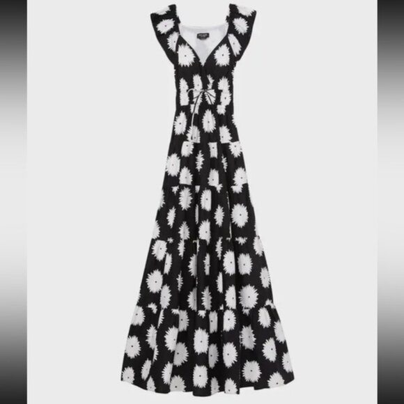 Kate Spade Pom Pom Floral Smocked Maxi Dress Sz L Black/White Excellent Cond - Picture 5 of 14